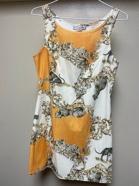 Vintage Sleeveless White and Mustard Animal-Print Mini Dress